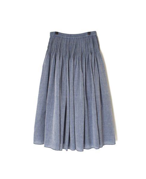 INMDS26043 HANDWOVEN YARN DYE CHAMBRAY PINTUCK FLARED SKIRT