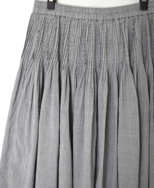 INMDS26043 HANDWOVEN YARN DYE CHAMBRAY PINTUCK FLARED SKIRT