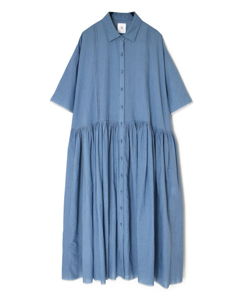 INMDS26064 HANDWOVEN COTTON STRIPE REGULAR COLLAR SHIRTS DRESS WITH RAJASTHAN GATHER