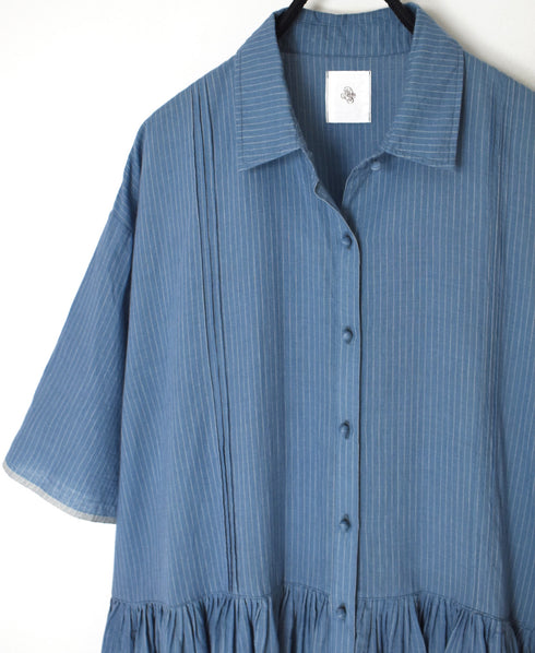 INMDS26064 HANDWOVEN COTTON STRIPE REGULAR COLLAR SHIRTS DRESS WITH RAJASTHAN GATHER