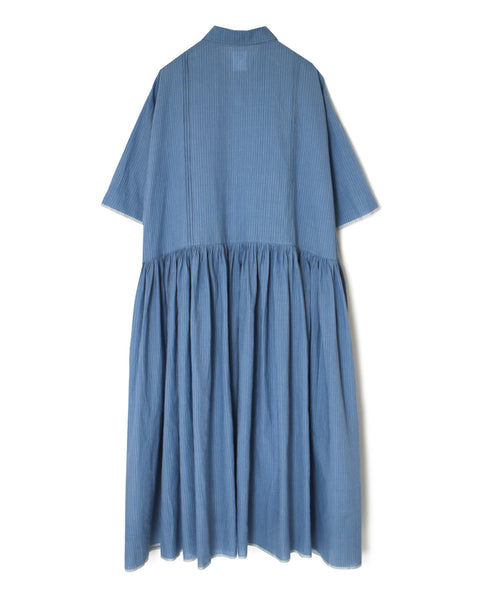 INMDS26064 HANDWOVEN COTTON STRIPE REGULAR COLLAR SHIRTS DRESS WITH RAJASTHAN GATHER