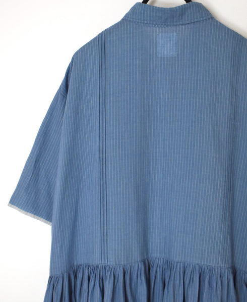 INMDS26064 HANDWOVEN COTTON STRIPE REGULAR COLLAR SHIRTS DRESS WITH RAJASTHAN GATHER