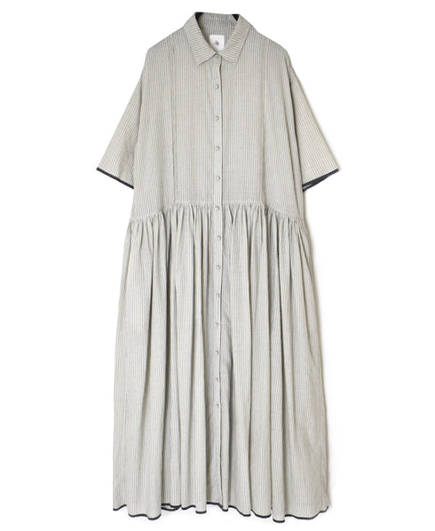 INMDS26064 HANDWOVEN COTTON STRIPE REGULAR COLLAR SHIRTS DRESS WITH RAJASTHAN GATHER