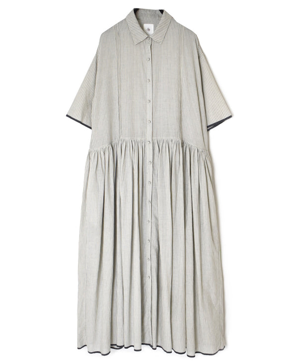 INMDS26064 HANDWOVEN COTTON STRIPE REGULAR COLLAR SHIRTS DRESS WITH RAJASTHAN GATHER