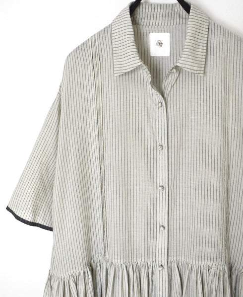 INMDS26064 HANDWOVEN COTTON STRIPE REGULAR COLLAR SHIRTS DRESS WITH RAJASTHAN GATHER