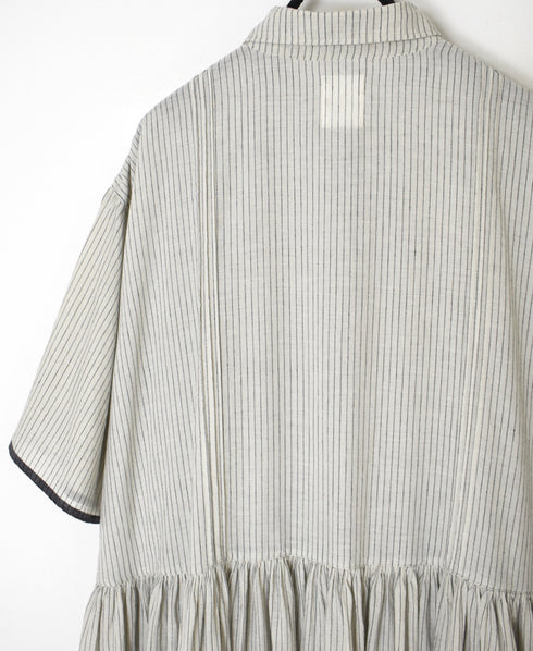 INMDS26064 HANDWOVEN COTTON STRIPE REGULAR COLLAR SHIRTS DRESS WITH RAJASTHAN GATHER