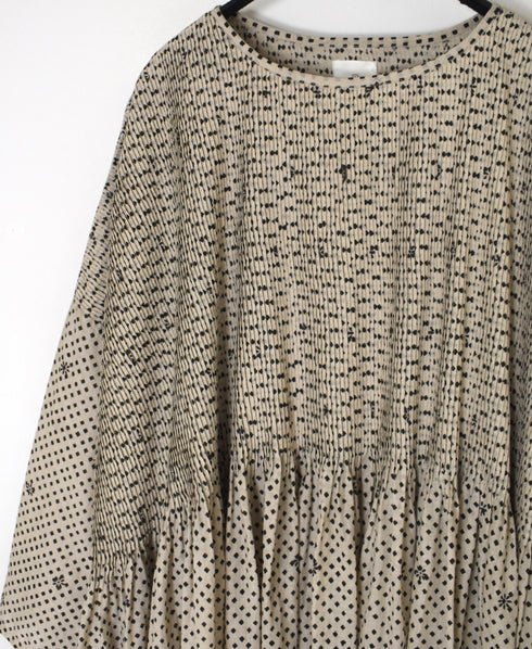 INMDS26082 80s VOILE SQUARE BLOCK PRINT MINI PINTUCK PULLOVER DRESS