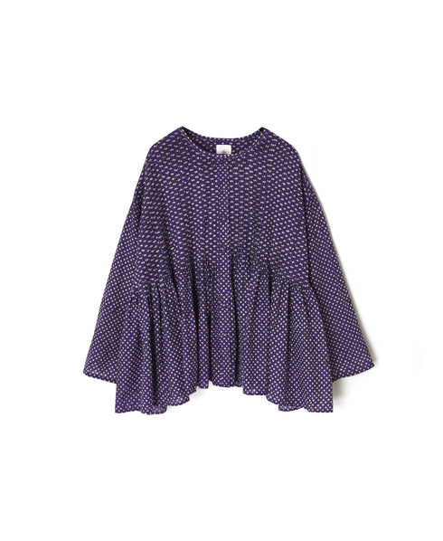INMDS26083 80s VOILE SQUARE BLOCK PRINT CREW NECK BUTTON SHIRTS WITH MINI PINTUCK