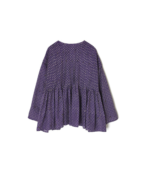 INMDS26083 80s VOILE SQUARE BLOCK PRINT CREW NECK BUTTON SHIRTS WITH MINI PINTUCK