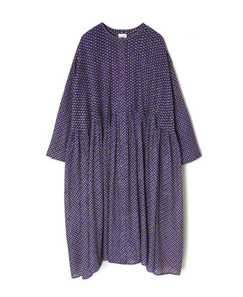 INMDS26084 80s VOILE SQUARE BLOCK PRINT CREW NECK BUTTON SHIRTS DRESS WITH MINI PINTUCK