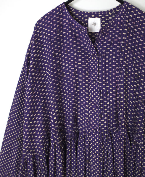 INMDS26084 80s VOILE SQUARE BLOCK PRINT CREW NECK BUTTON SHIRTS DRESS WITH MINI PINTUCK