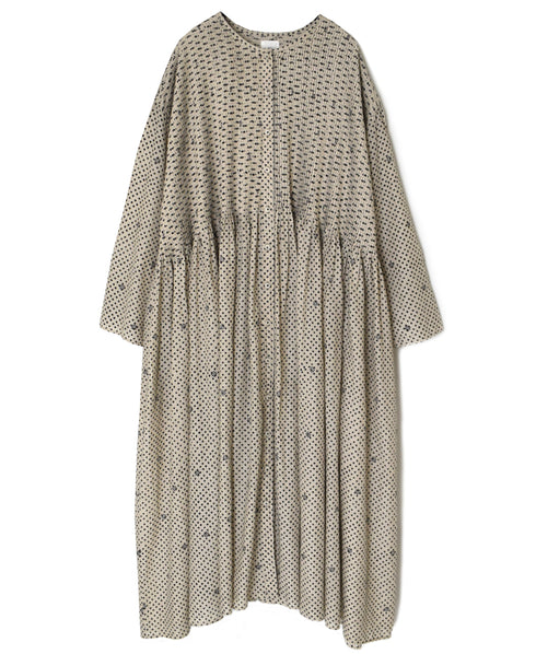 INMDS26084 80s VOILE SQUARE BLOCK PRINT CREW NECK BUTTON SHIRTS DRESS WITH MINI PINTUCK