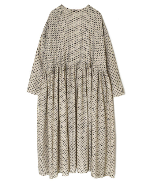 INMDS26084 80s VOILE SQUARE BLOCK PRINT CREW NECK BUTTON SHIRTS DRESS WITH MINI PINTUCK