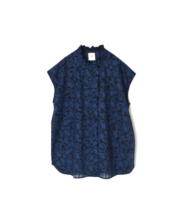 INMDS26092 POWER LOOM COTTON DOBIE CHECK FLOWER HAND SCREEN PRINT FRENCH/SL FRILL COLLAR SHIRTS