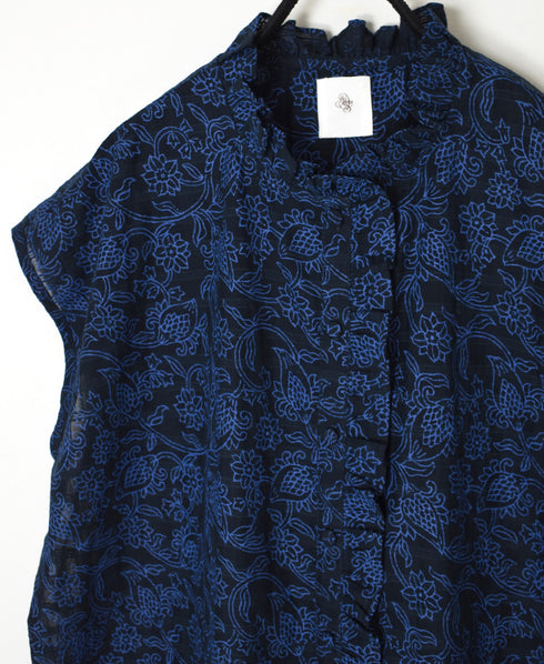 INMDS26092 POWER LOOM COTTON DOBIE CHECK FLOWER HAND SCREEN PRINT FRENCH/SL FRILL COLLAR SHIRTS