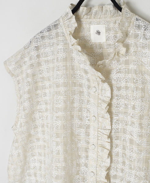 INMDS26092 POWER LOOM COTTON DOBIE CHECK FLOWER HAND SCREEN PRINT FRENCH/SL FRILL COLLAR SHIRTS