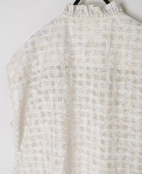 INMDS26092 POWER LOOM COTTON DOBIE CHECK FLOWER HAND SCREEN PRINT FRENCH/SL FRILL COLLAR SHIRTS