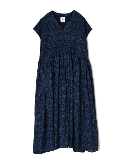 INMDS26097 POWER LOOM COTTON DOBIE CHECK FLOWER HAND SCREEN PRINT V-NECK FR/SL PULLOVER DRESS