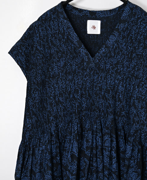 INMDS26097 POWER LOOM COTTON DOBIE CHECK FLOWER HAND SCREEN PRINT V-NECK FR/SL PULLOVER DRESS