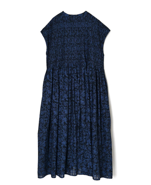 INMDS26097 POWER LOOM COTTON DOBIE CHECK FLOWER HAND SCREEN PRINT V-NECK FR/SL PULLOVER DRESS