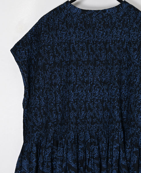 INMDS26097 POWER LOOM COTTON DOBIE CHECK FLOWER HAND SCREEN PRINT V-NECK FR/SL PULLOVER DRESS