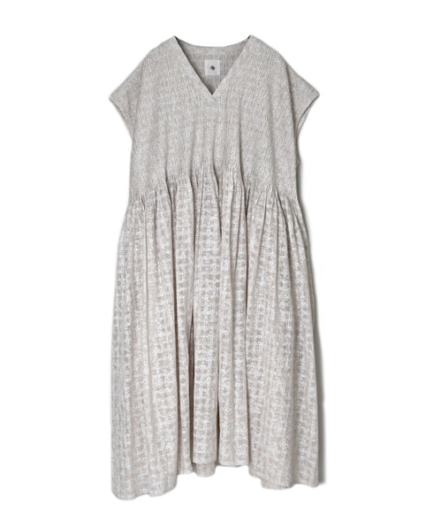 INMDS26097 POWER LOOM COTTON DOBIE CHECK FLOWER HAND SCREEN PRINT V-NECK FR/SL PULLOVER DRESS