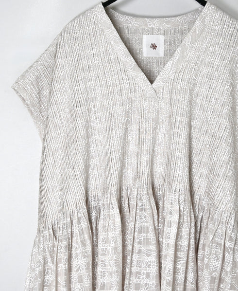 INMDS26097 POWER LOOM COTTON DOBIE CHECK FLOWER HAND SCREEN PRINT V-NECK FR/SL PULLOVER DRESS