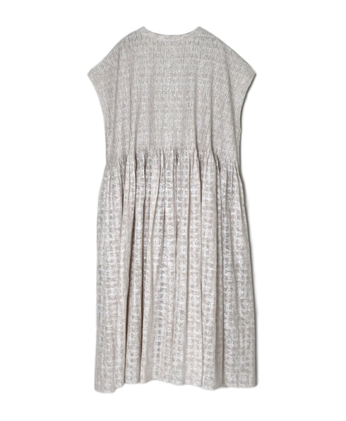 INMDS26097 POWER LOOM COTTON DOBIE CHECK FLOWER HAND SCREEN PRINT V-NECK FR/SL PULLOVER DRESS