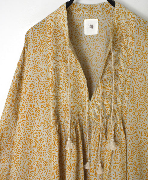 INMDS26102 80s COTTON FLOWER BLOCK PRINT BANDED COLLAR MINI PINTUCK TUNIC