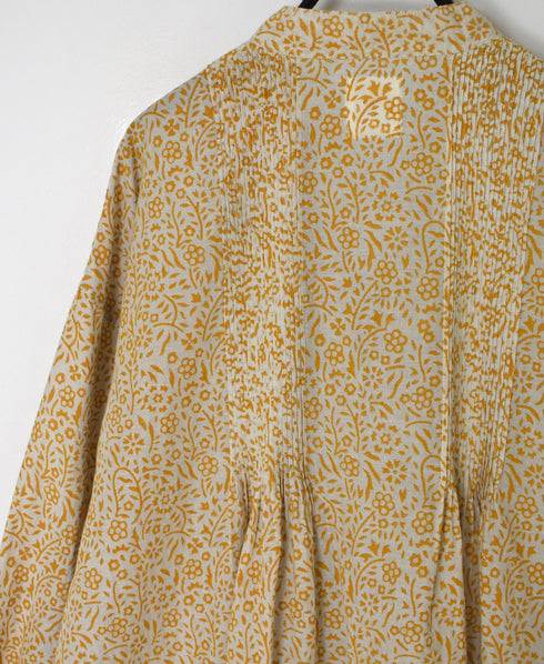 INMDS26102 80s COTTON FLOWER BLOCK PRINT BANDED COLLAR MINI PINTUCK TUNIC