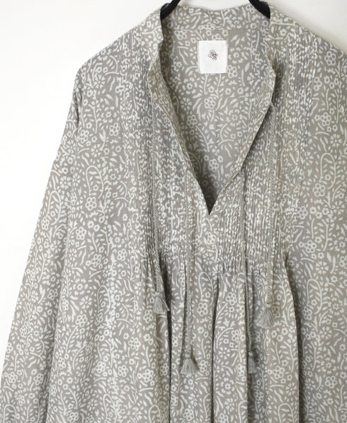 INMDS26102 80s COTTON FLOWER BLOCK PRINT BANDED COLLAR MINI PINTUCK TUNIC