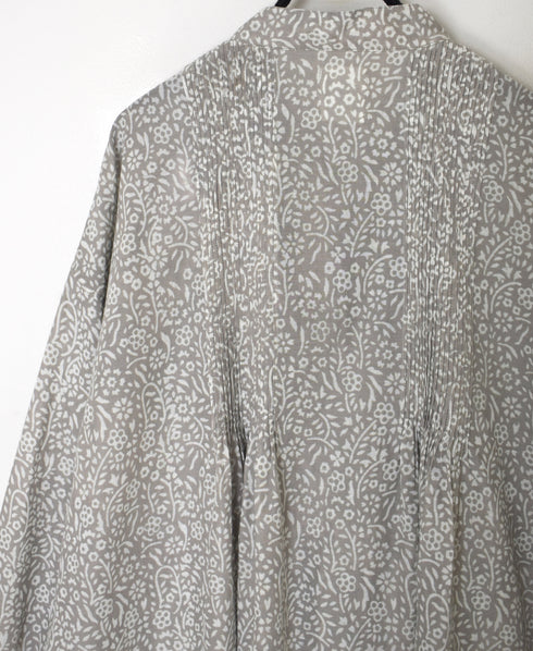INMDS26102 80s COTTON FLOWER BLOCK PRINT BANDED COLLAR MINI PINTUCK TUNIC