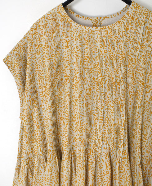 INMDS26104 80s COTTON FLOWER BLOCK PRINT FRENCH/SL DRESS WITH RANDOM PLEATS