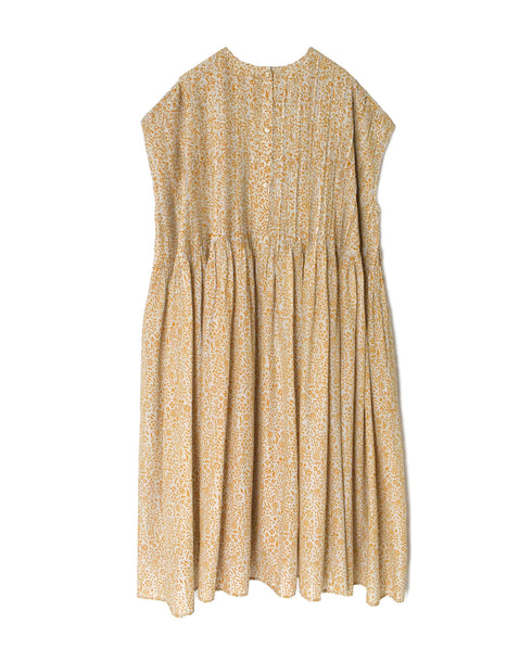 INMDS26104 80s COTTON FLOWER BLOCK PRINT FRENCH/SL DRESS WITH RANDOM PLEATS