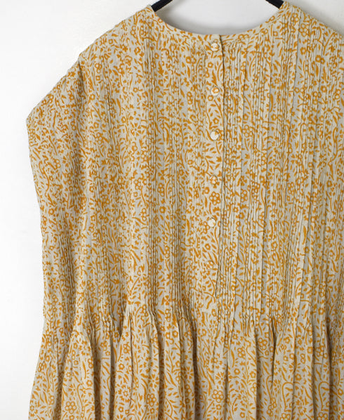 INMDS26104 80s COTTON FLOWER BLOCK PRINT FRENCH/SL DRESS WITH RANDOM PLEATS