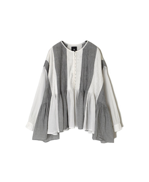 INMDS26111W HANDWOVEN COTTON SINGLE CHECK PATCHWORK BALL BUTTON SHIRTS WITH MINI PINTUCK