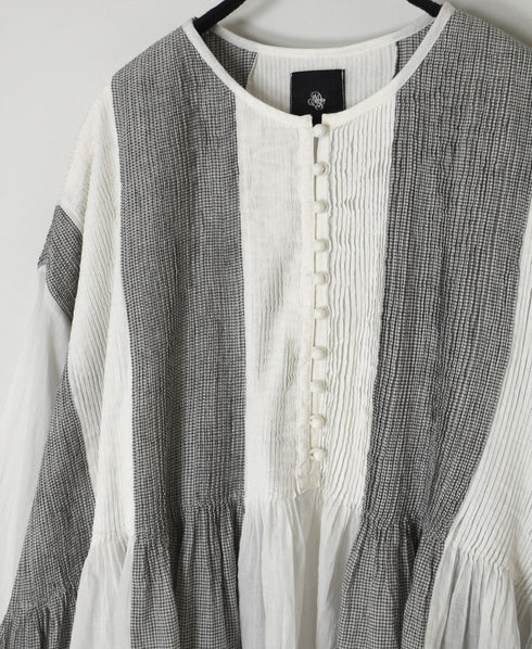INMDS26111W HANDWOVEN COTTON SINGLE CHECK PATCHWORK BALL BUTTON SHIRTS WITH MINI PINTUCK