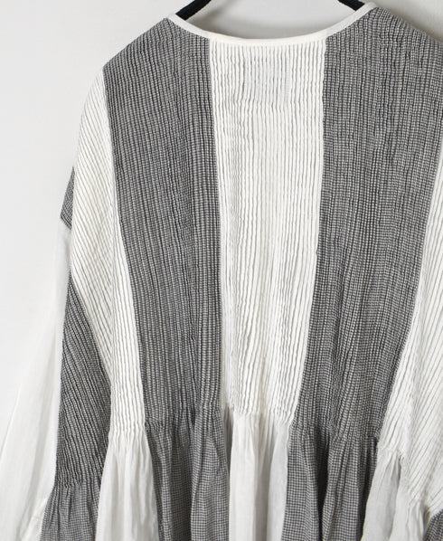 INMDS26111W HANDWOVEN COTTON SINGLE CHECK PATCHWORK BALL BUTTON SHIRTS WITH MINI PINTUCK