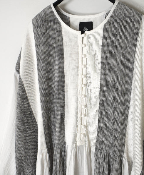 INMDS26112W HANDWOVEN COTTON SINGLE CHECK PATCHWORK BALL BUTTON SHIRTS DRESS