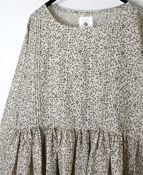 NMDS26121 POWER LOOM CO VOILE ARABESQUE HAND SCREEN PRINT RAJASTHAN TUCK GATHERED 3/4SL PULLOVER