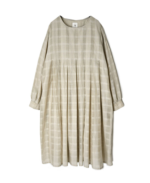 INMDS26714 COTTON/SILK SELF FINE CHECK INVERTED PLEATED L/SL DRESS WITH LINING
