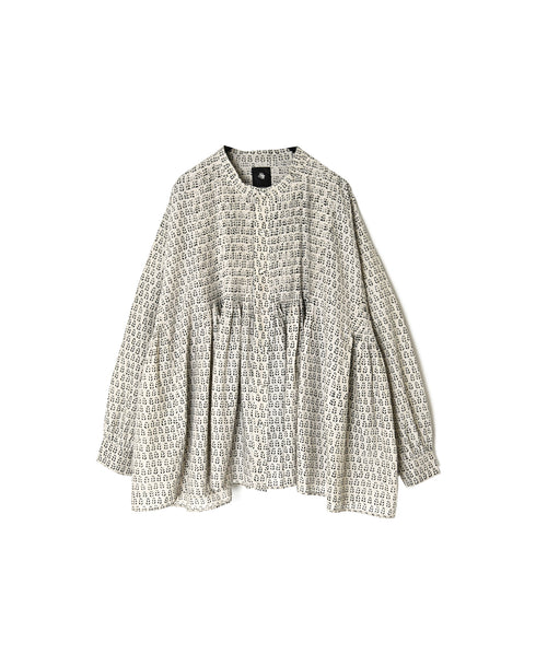 INMDS26722 80s VOILE LITTLE TREE BLOCK PRINT MINI PINTUCK BANDED COLLAR SHIRTS