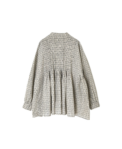 INMDS26722 80s VOILE LITTLE TREE BLOCK PRINT MINI PINTUCK BANDED COLLAR SHIRTS