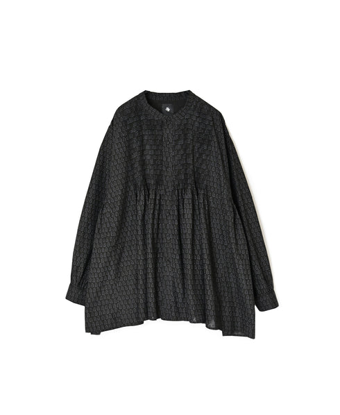 INMDS26722 80s VOILE LITTLE TREE BLOCK PRINT MINI PINTUCK BANDED COLLAR SHIRTS