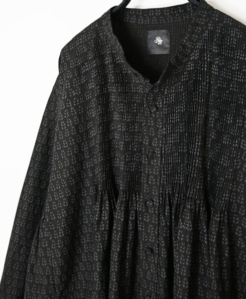 INMDS26722 80s VOILE LITTLE TREE BLOCK PRINT MINI PINTUCK BANDED COLLAR SHIRTS