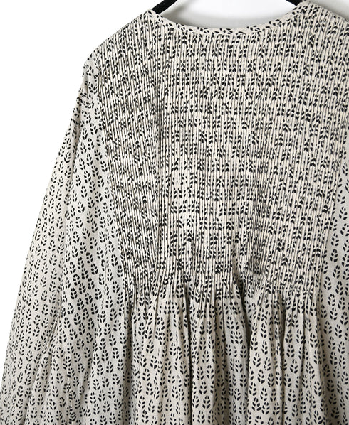 INMDS26723 80s VOILE LITTLE TREE BLOCK PRINT CREW-NECK DRESS WITH MINI PINTUCK