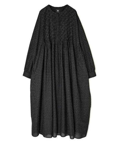 INMDS26723 80s VOILE LITTLE TREE BLOCK PRINT CREW-NECK DRESS WITH MINI PINTUCK