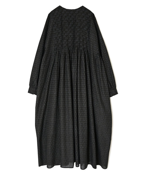 INMDS26723 80s VOILE LITTLE TREE BLOCK PRINT CREW-NECK DRESS WITH MINI PINTUCK