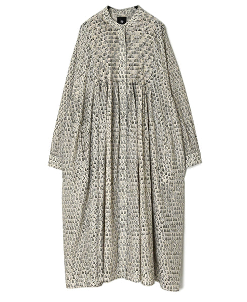INMDS26727 80s VOILE LITTLE TREE BLOCK PRINT MINI PINTUCK BANDED COLLAR SHIRTS DRESS