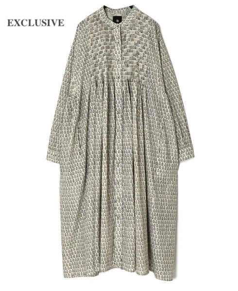 【オンライン別注】INMDS26727 80s VOILE LITTLE TREE BLOCK PRINT MINI PINTUCK BANDED COLLAR SHIRTS DRESS
